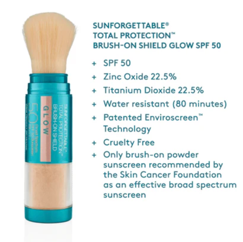 Sunscreen product with brush and SPF 50 information on a white background