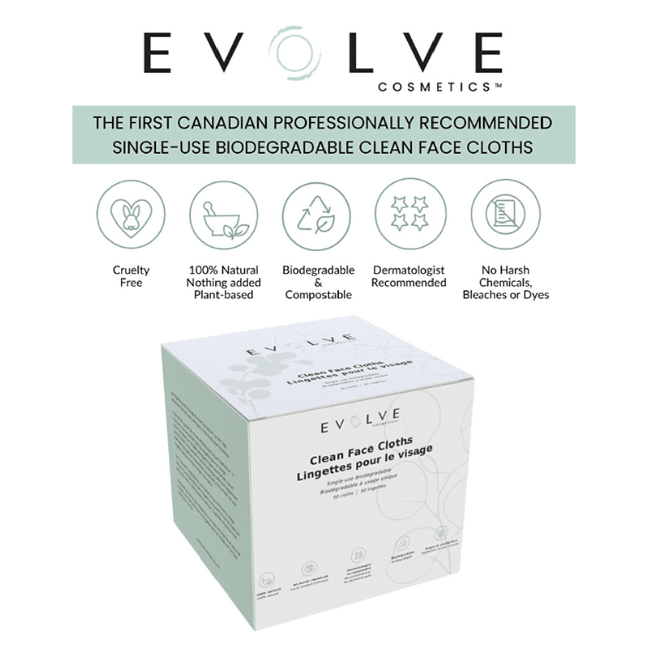 Box of Evolve Cosmetics clean face cloths with brand name and product details on a white background