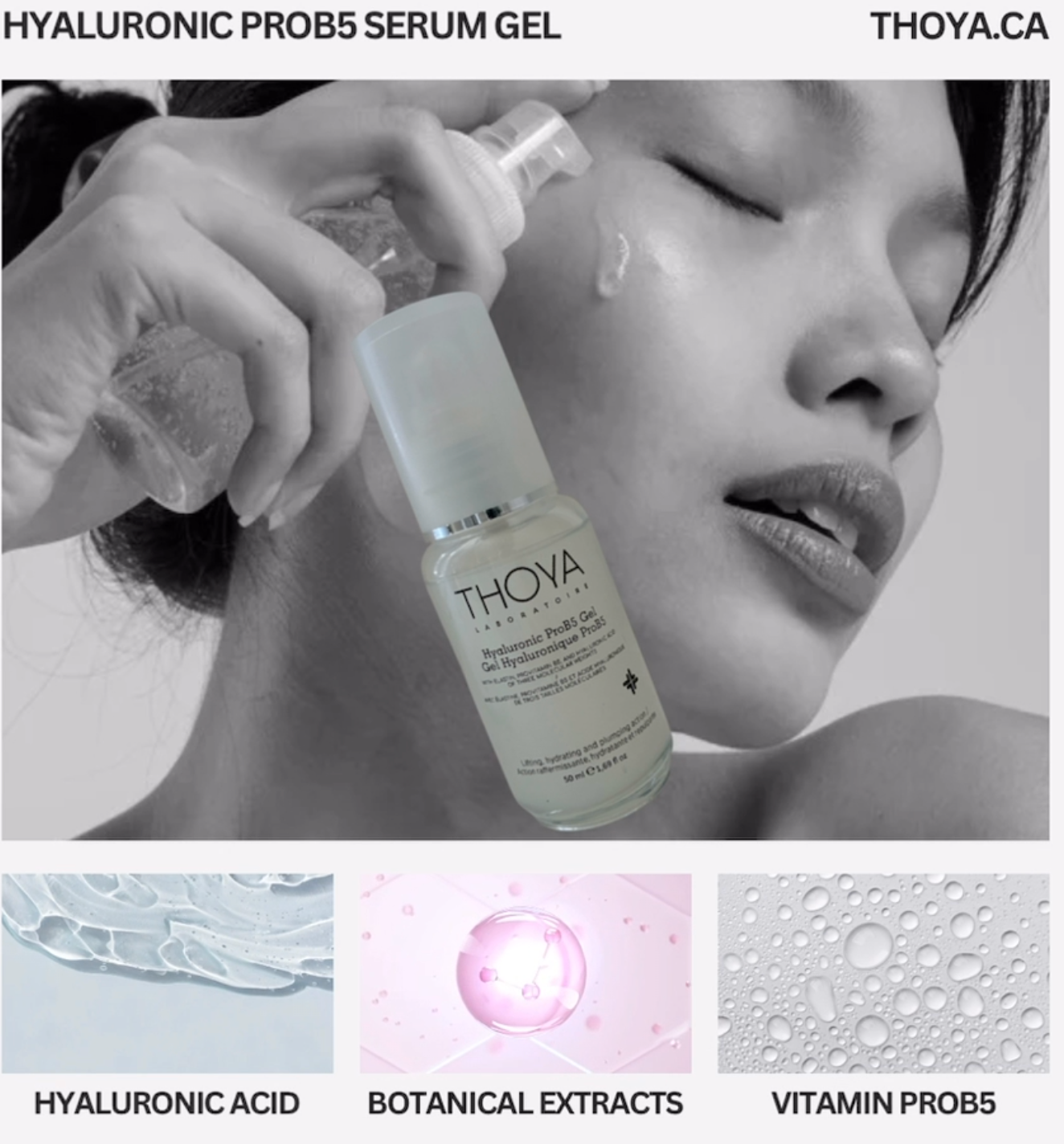 THOYA Hyaluronic Probs5 Serum Gel being applied to a woman's face with product details below.