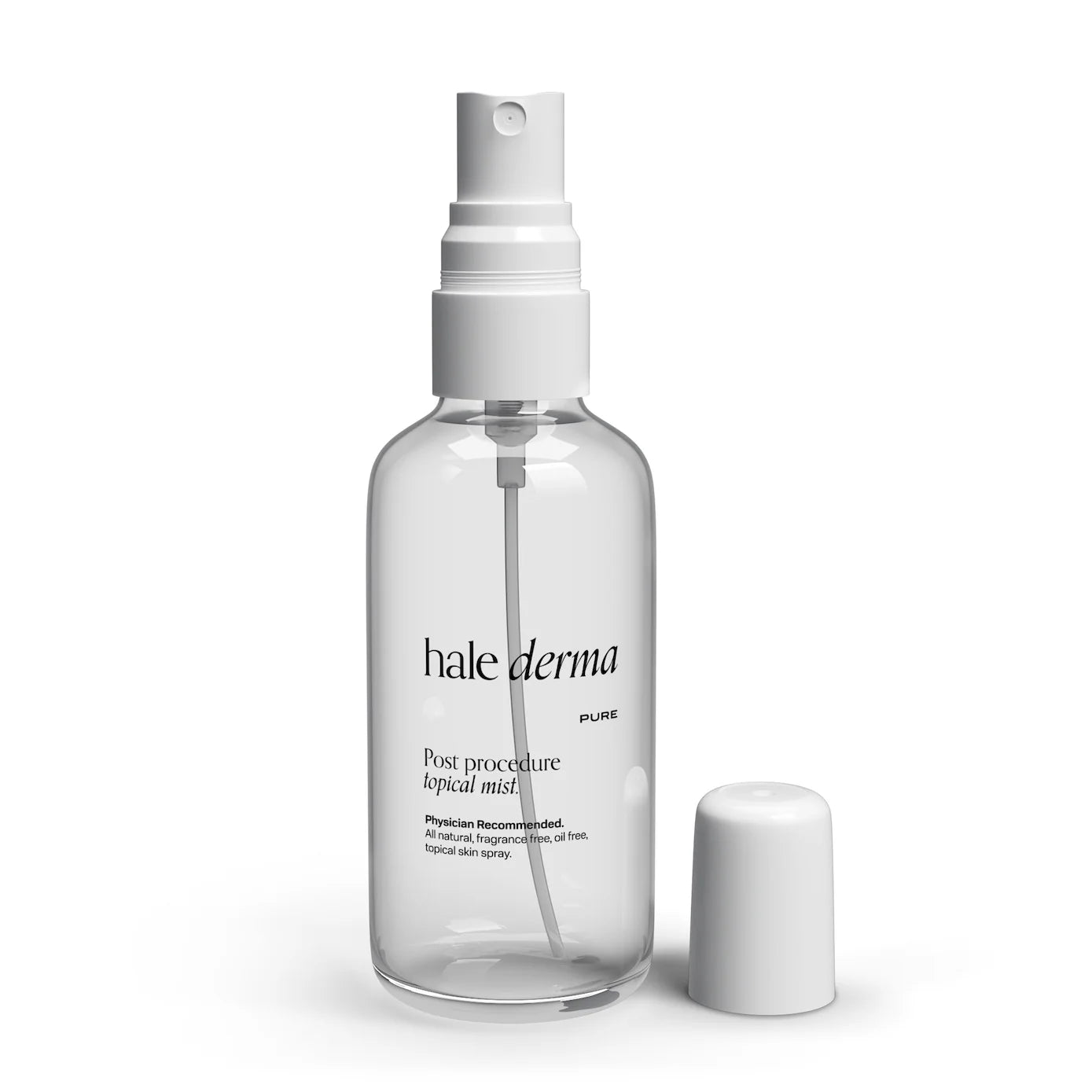 Clear spray bottle labeled 'hale derma' on a white background