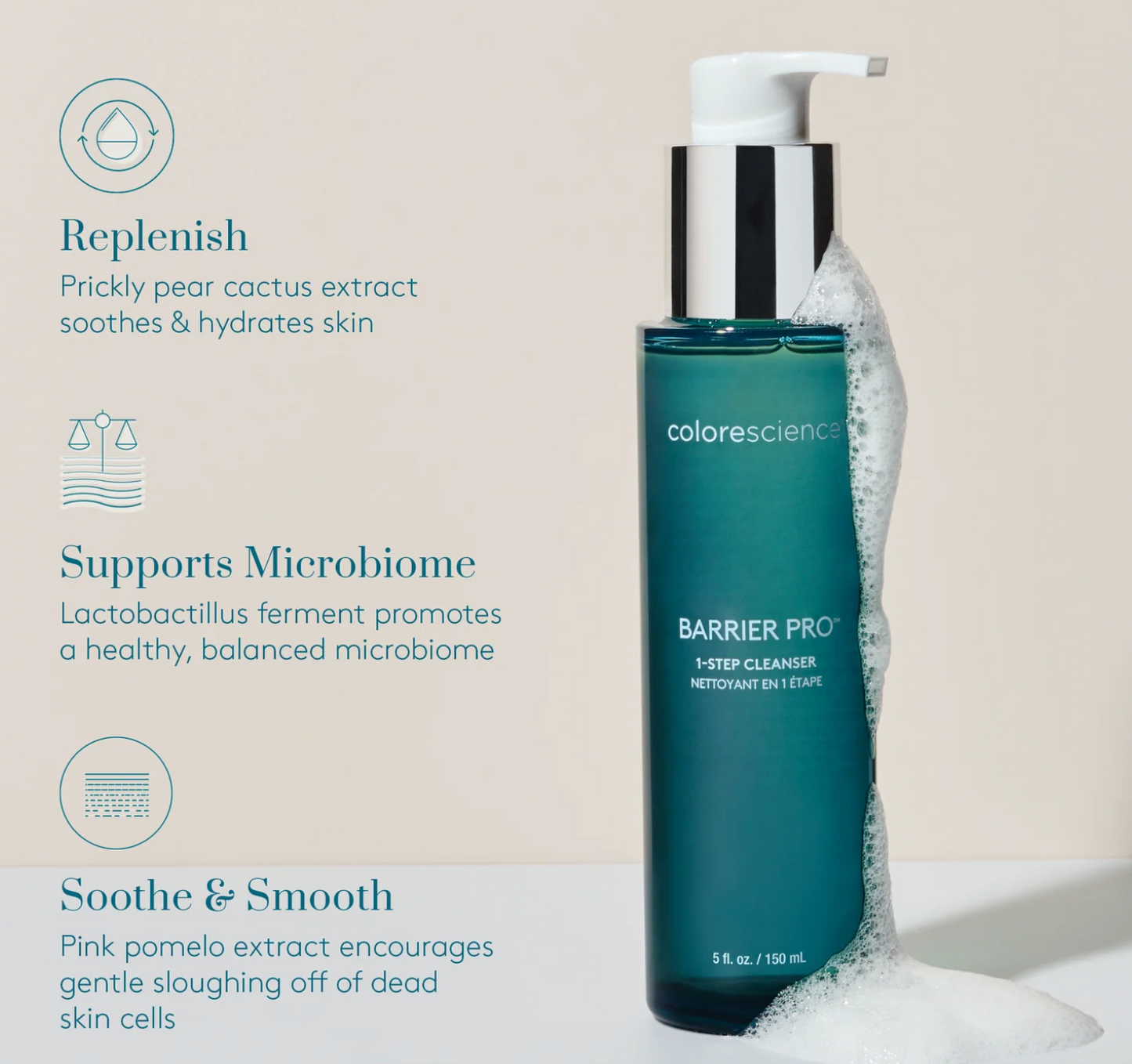 Colorescience Barrier Pro cleanser bottle with text on a beige background