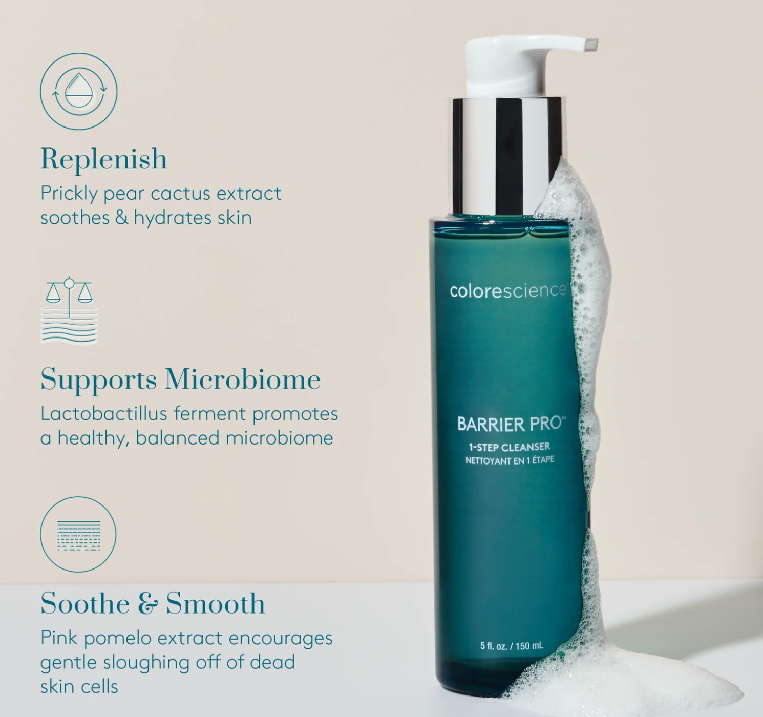 Colorescience Barrier Pro cleanser bottle with text on a beige background