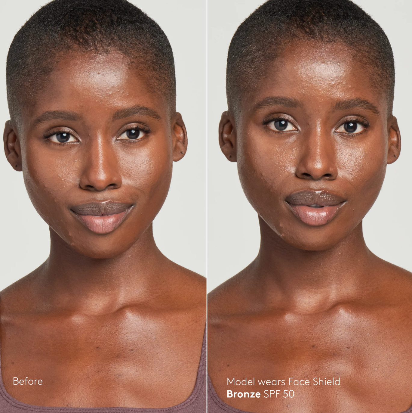 Before and after comparison of a model wearing a bronze SPF 50 face shield.