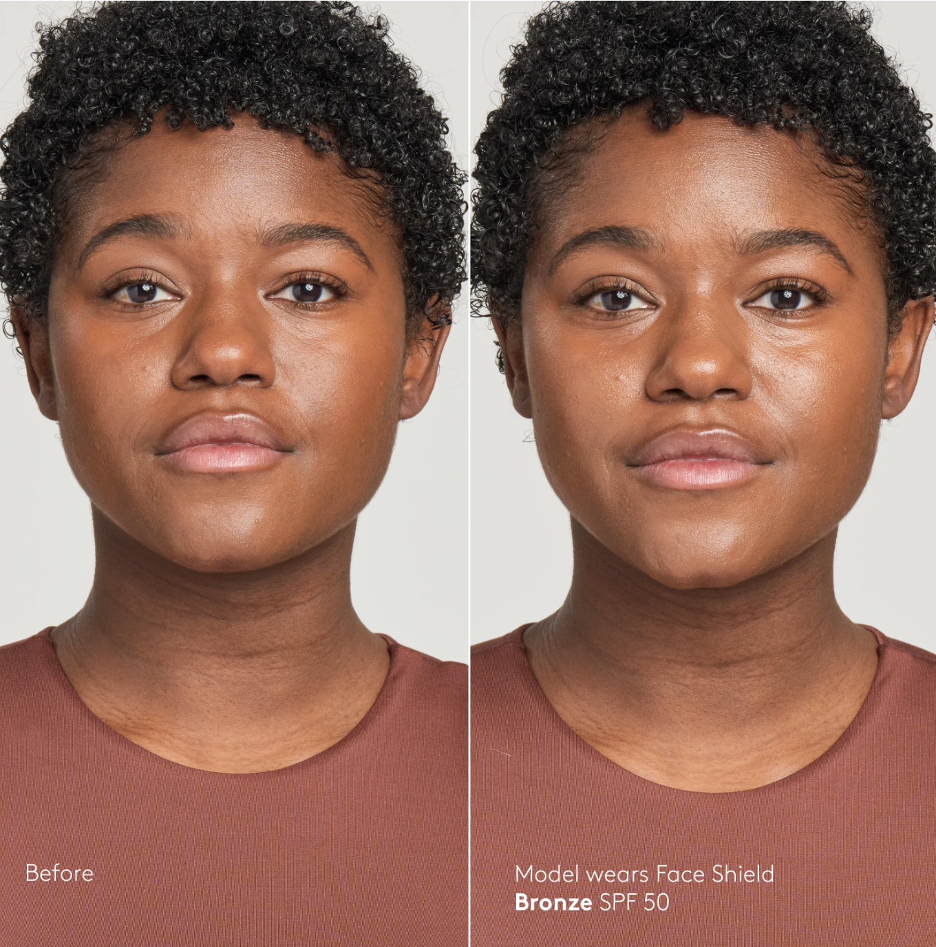 Before and after comparison of a model wearing a bronze face shield with SPF 50 on a plain background.