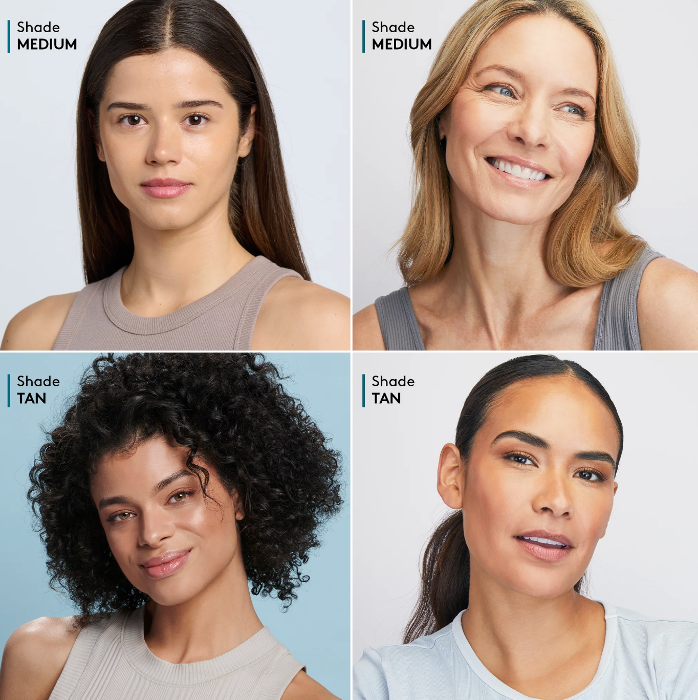 Four women with different hair colors and shades on a white background