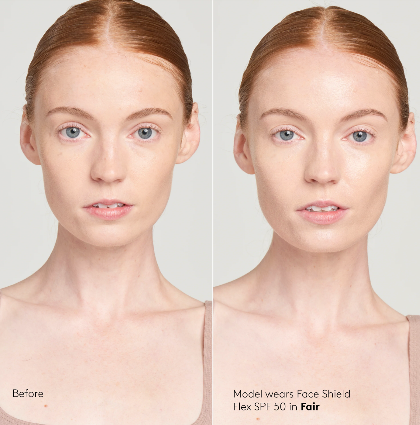 Before and after comparison of a model wearing a Face Shield Flex SPF 50 in Fair color.