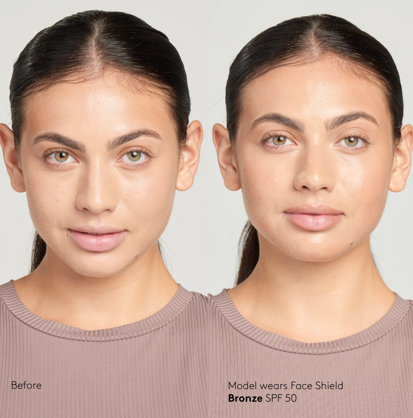 Before and after comparison of a model wearing a bronze SPF 50 face shield.