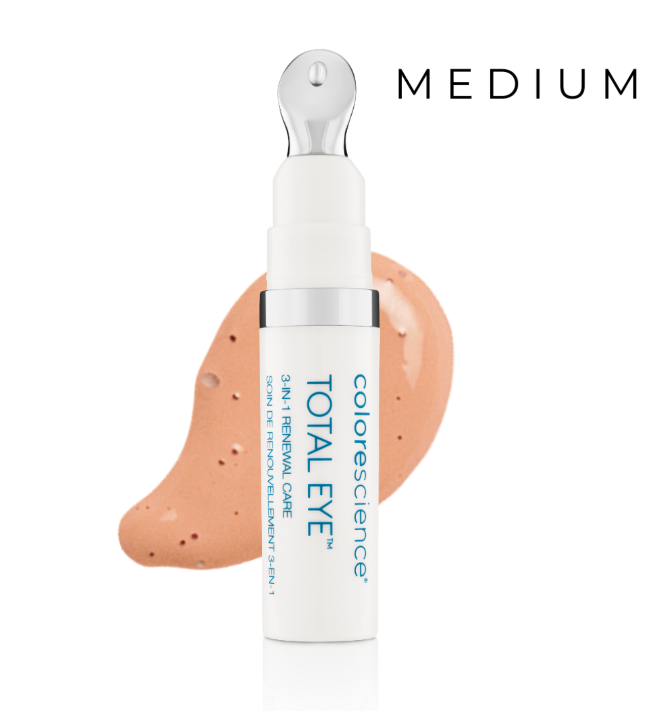 Colorescience Total Eye product with a swatch of medium shade on a white background