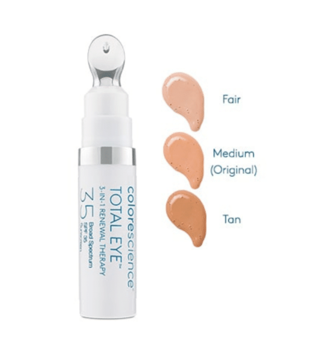 Colorescience Total Eye 3-in-1 Renewal Therapy with color swatches on a white background