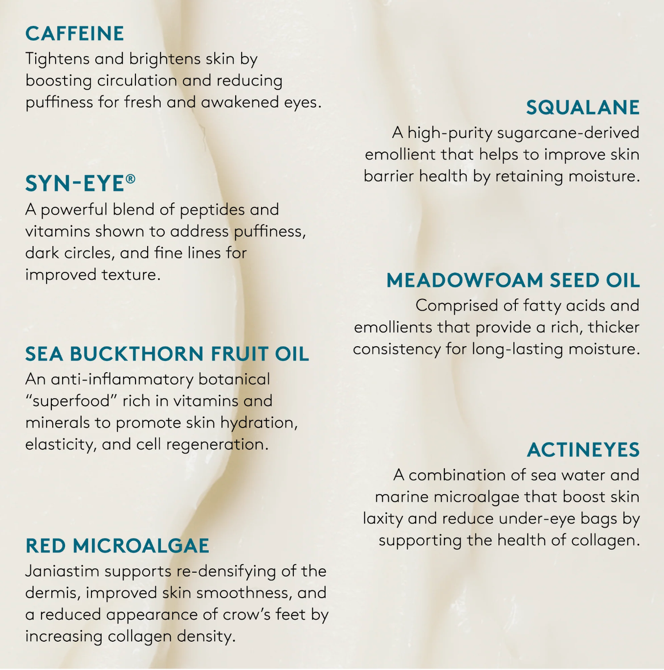 List of skincare ingredients with their benefits on a white background