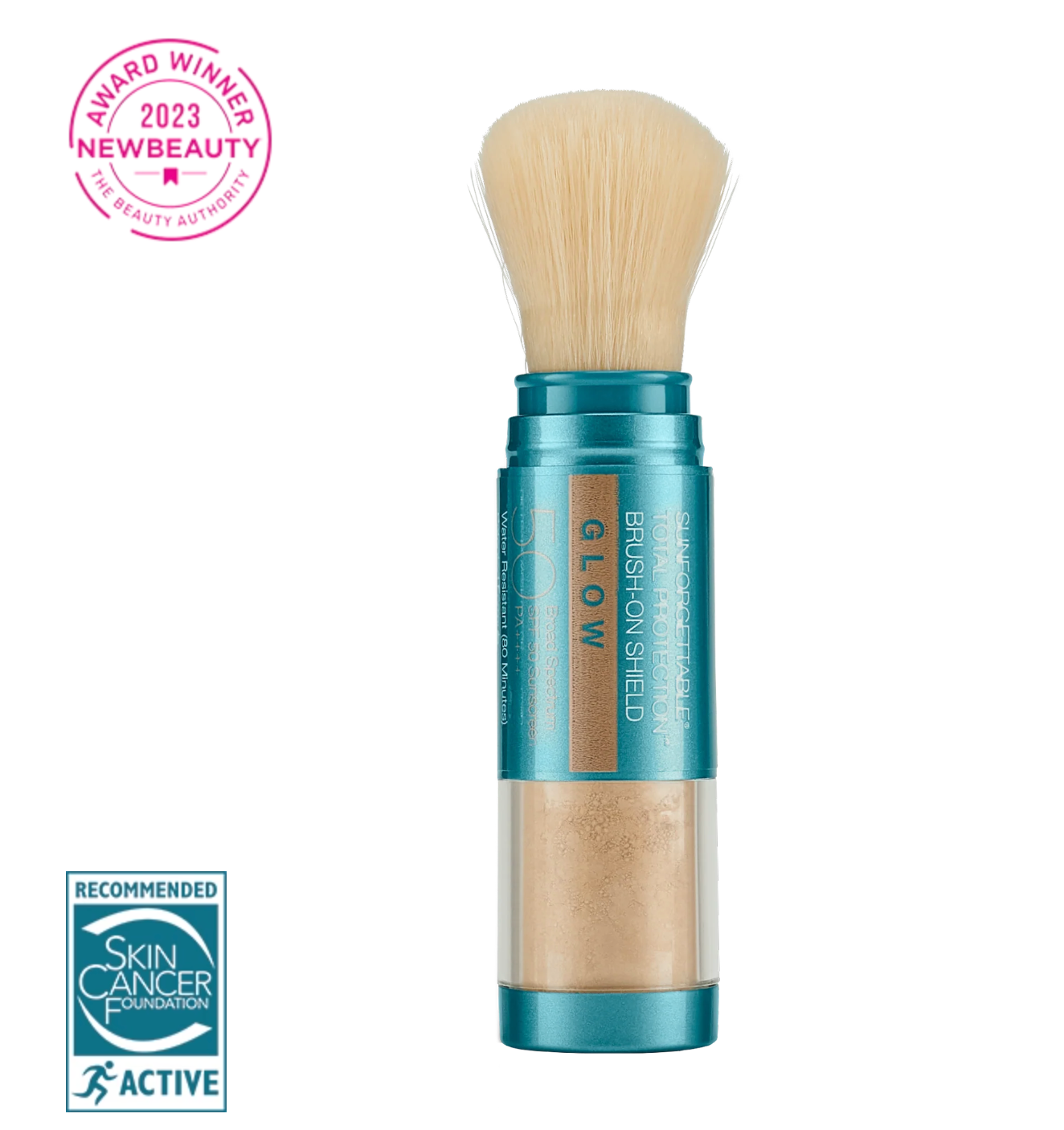 Makeup brush with powder container labeled 'Glow' on a white background, featuring awards and logos.