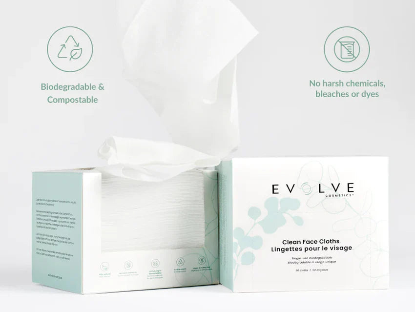 Box of Evolve Cosmetics Clean Face Cloths with biodegradable and compostable features highlighted.