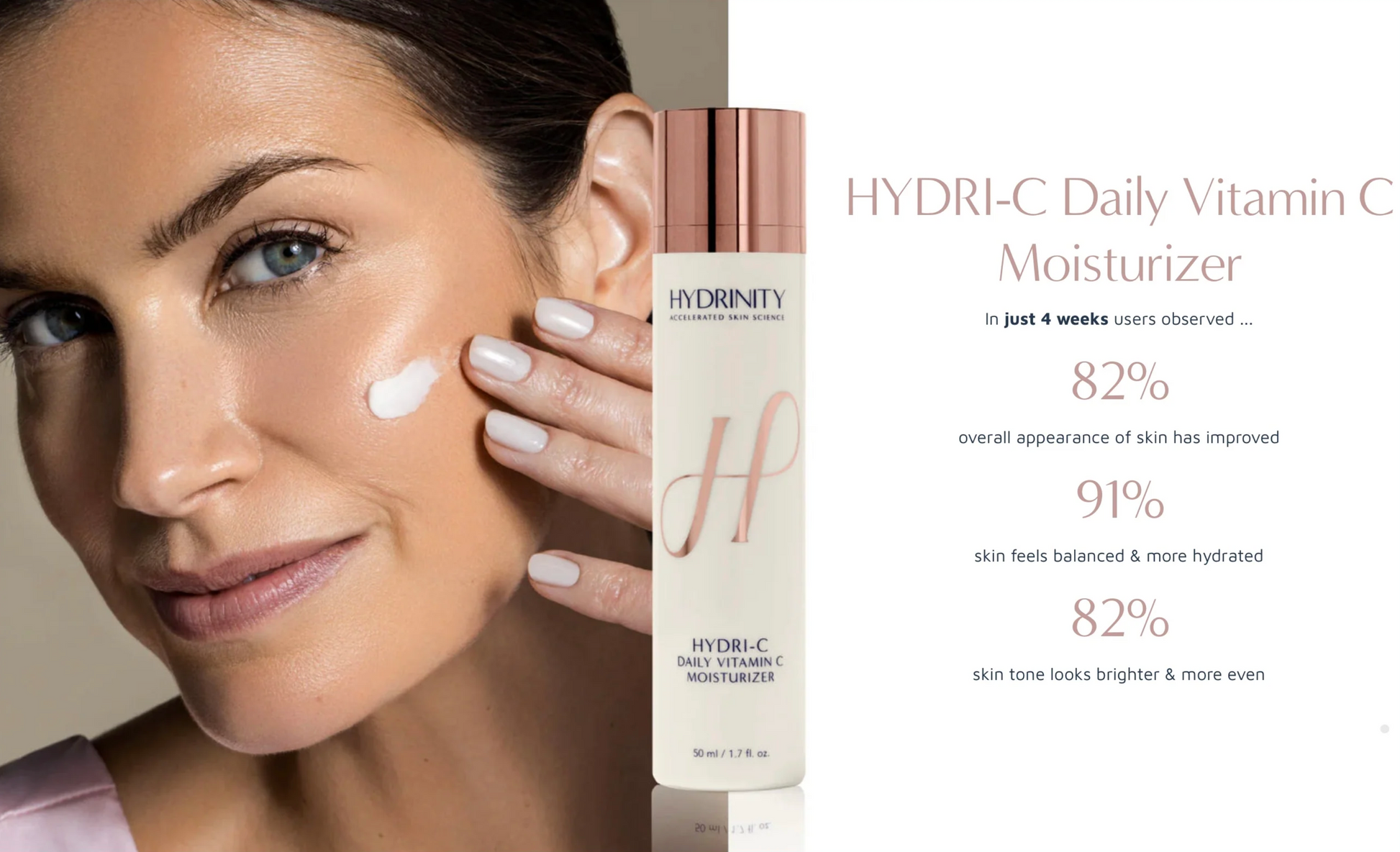 Woman applying moisturizer to her face with HYDRINITY Daily Vitamin C Moisturizer bottle displayed.
