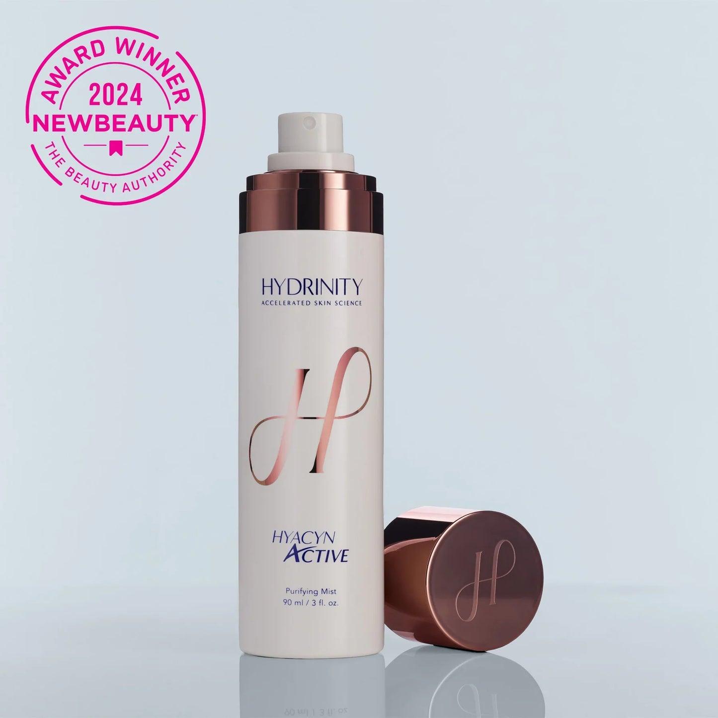 Hydrinity Hyacin Active skincare product with '2024 NewBeauty Award Winner' badge on a light blue background
