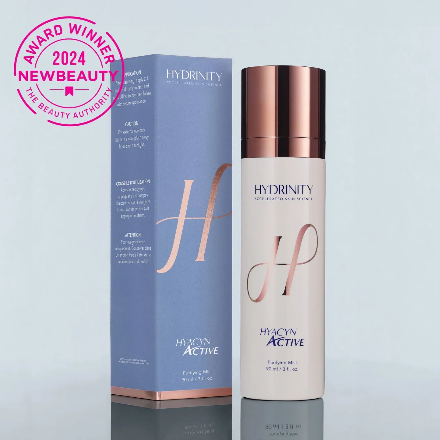 Hydrinity skincare product with packaging on a light blue background, featuring an award badge.