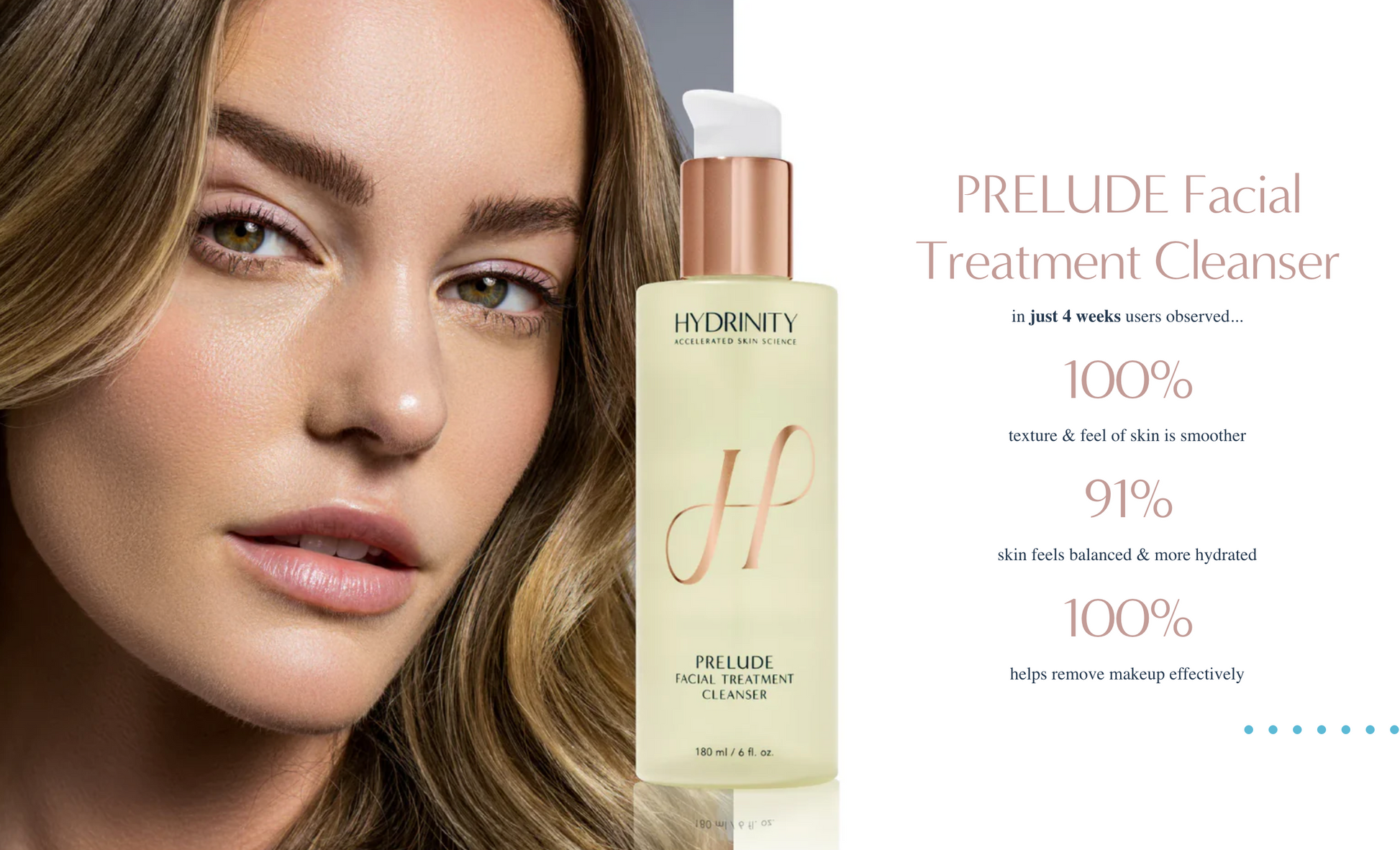 Hydrinity Prelude Facial Treatment Cleanser with a model's face on the left and product details on the right.