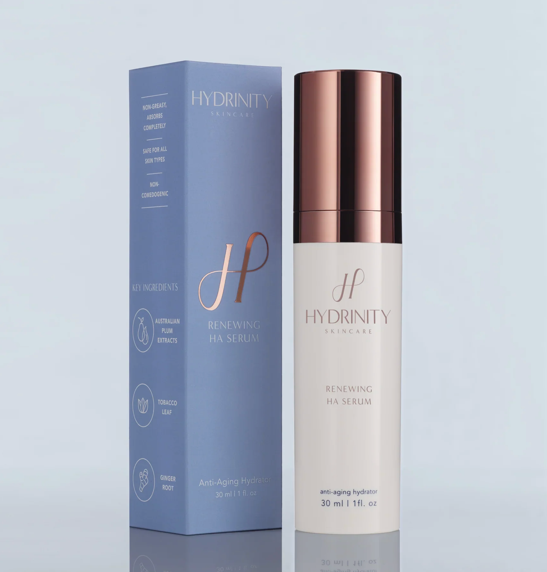 Hydrinity skincare serum bottle and packaging on a light gray background