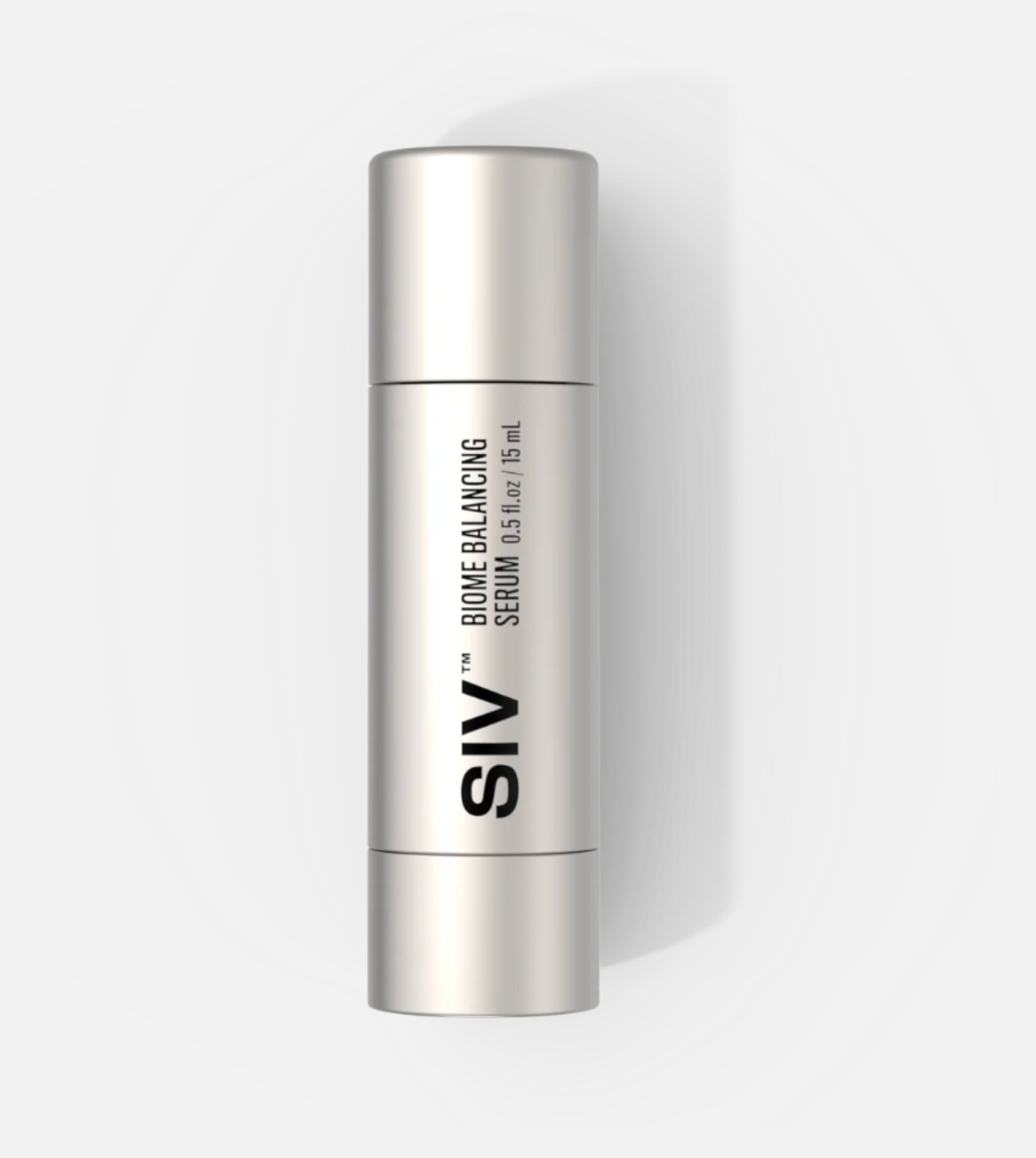 Silver skincare serum bottle labeled 'SIV' on a white background