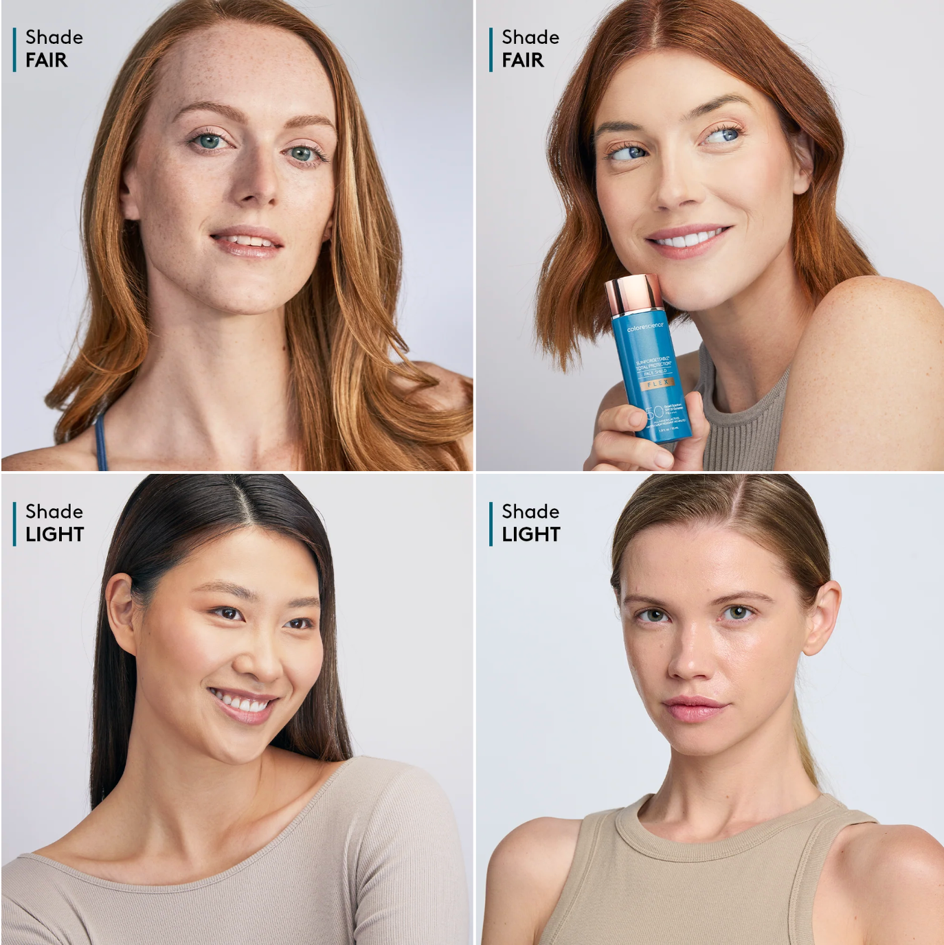 Product advertisement showing four women with different skin tones holding a blue bottle.