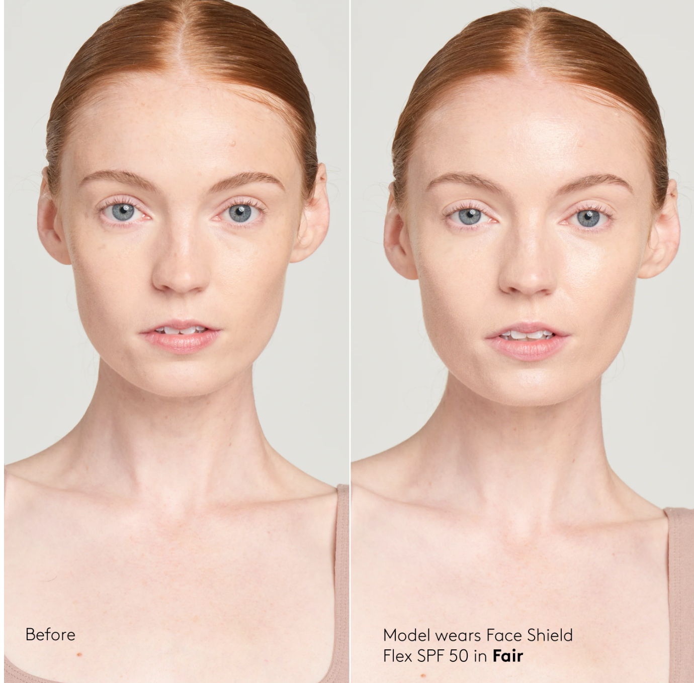 Before and after comparison of a model wearing a Face Shield Flex SPF 50 in Fair color.