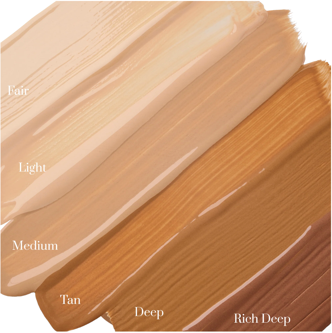 Gradient swatches of foundation shades labeled from Fair to Rich Deep on a white background.