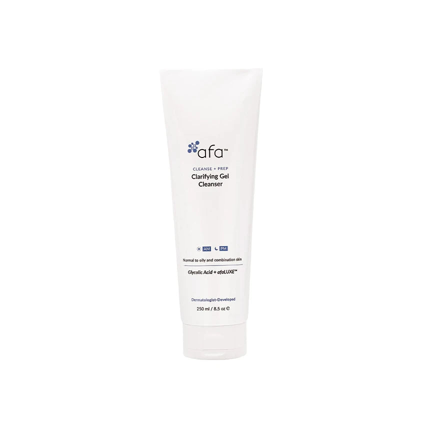 White tube of afa clarifying gel cleanser on a white background