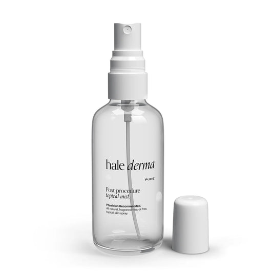 Clear spray bottle labeled 'hale derma' on a white background