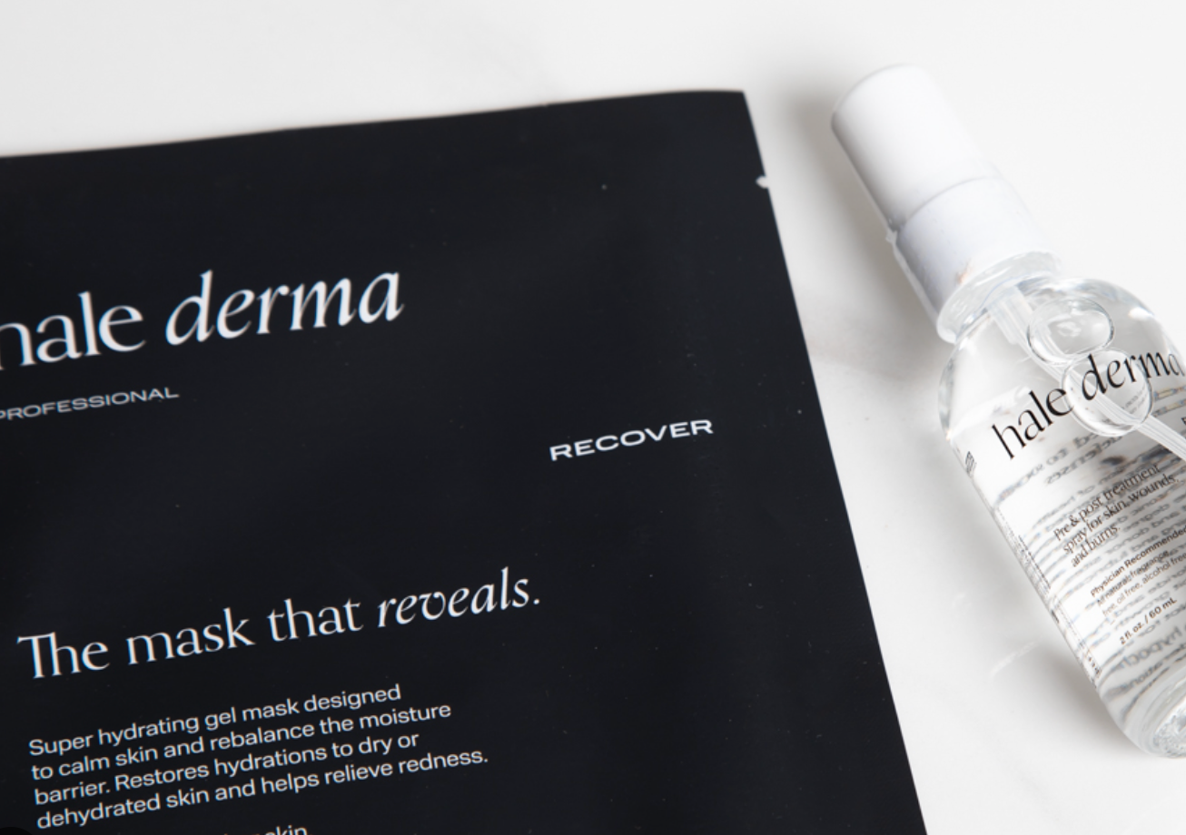 Hale derma Recover mask packaging and bottle on a white background