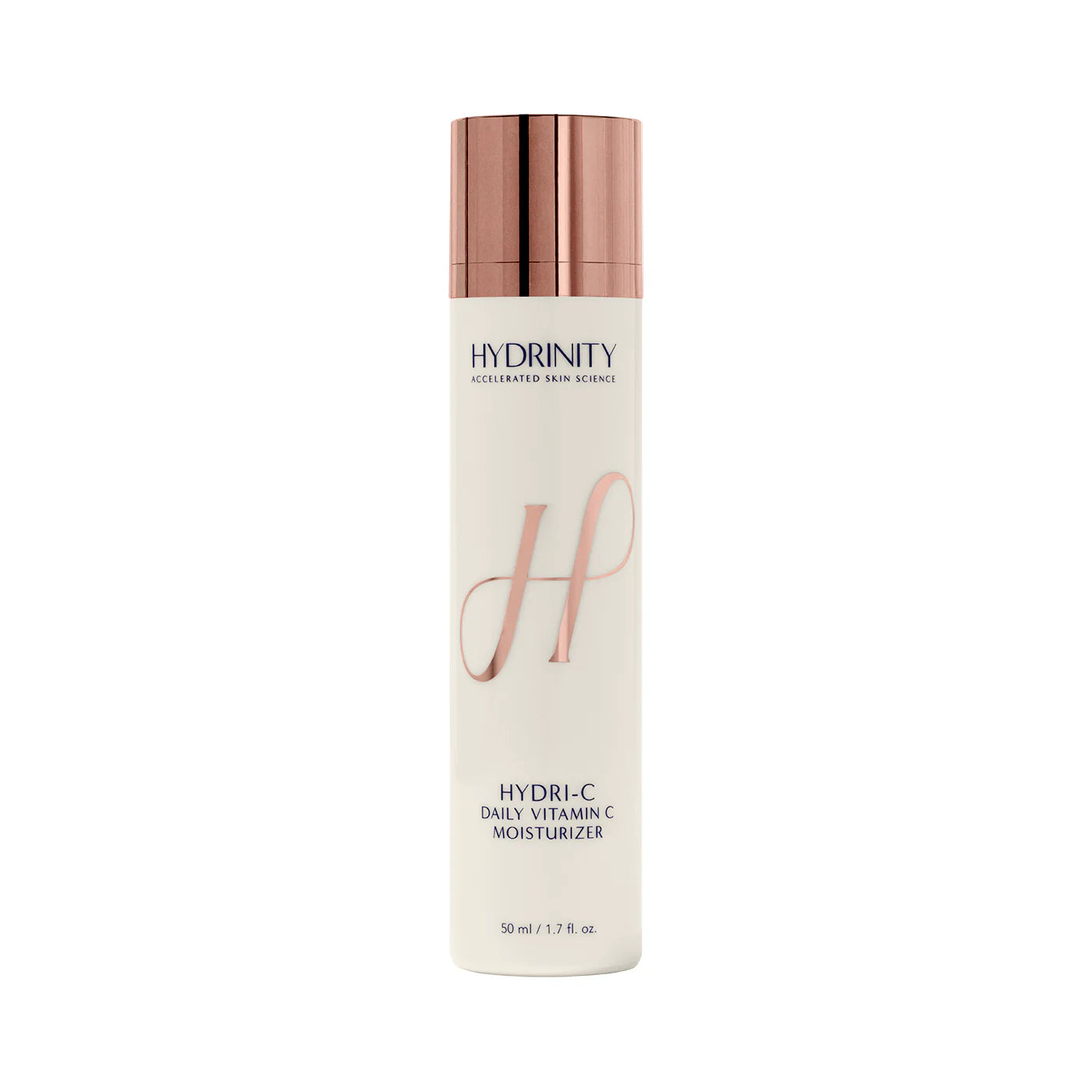 Hydrinity moisturizer bottle with rose gold cap on a white background