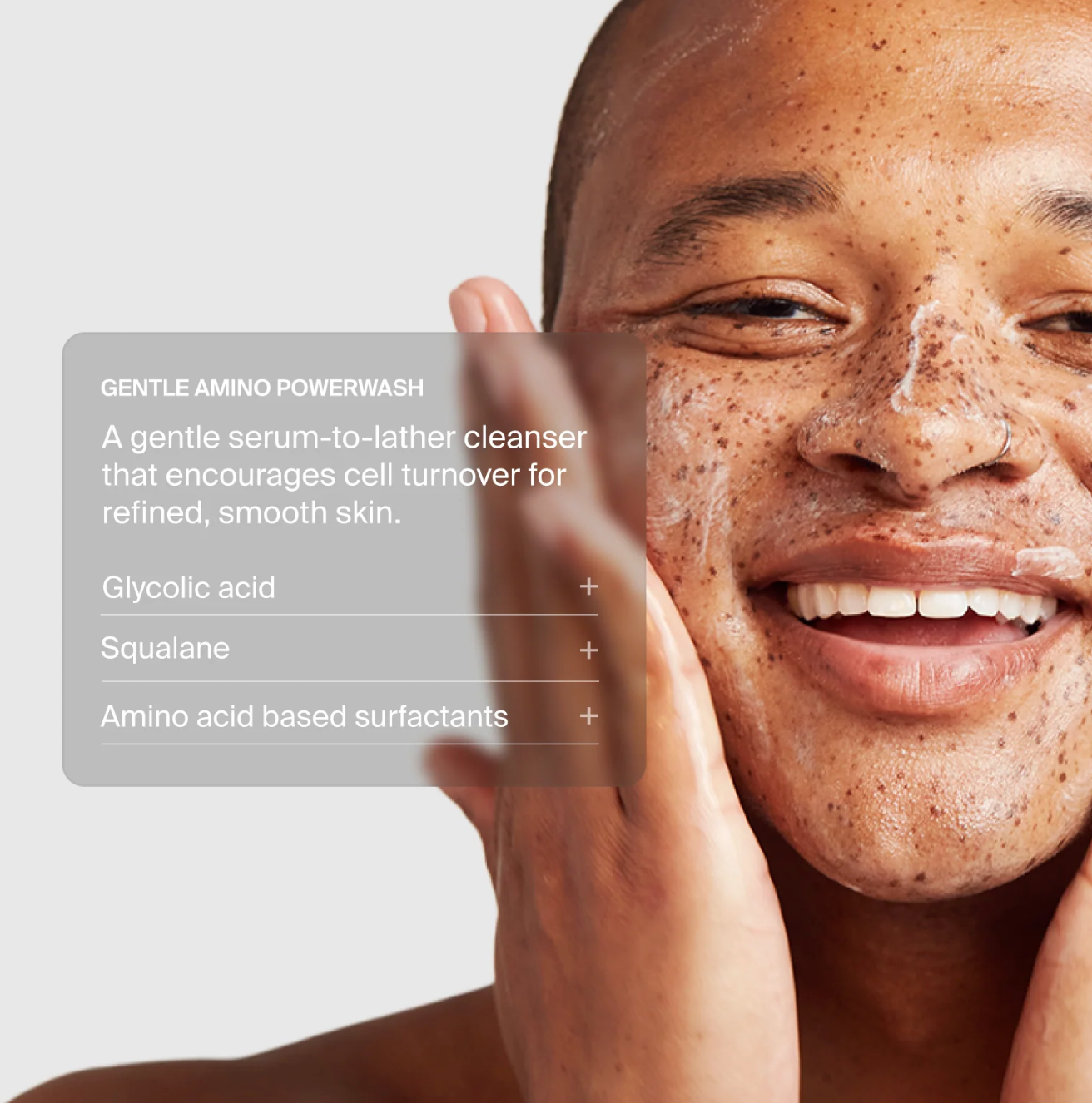 Person applying skincare product with text about Gentle Amino Powerwash.