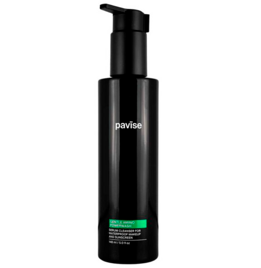 Black bottle with pump labeled 'pavise' on a white background