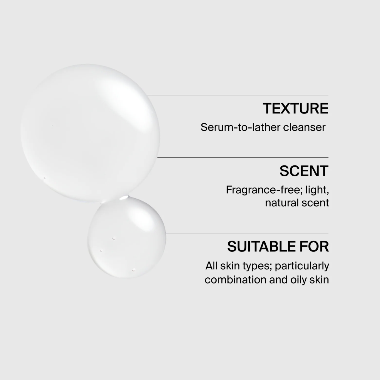 Product features including texture, scent, and suitability for skin types on a white background.
