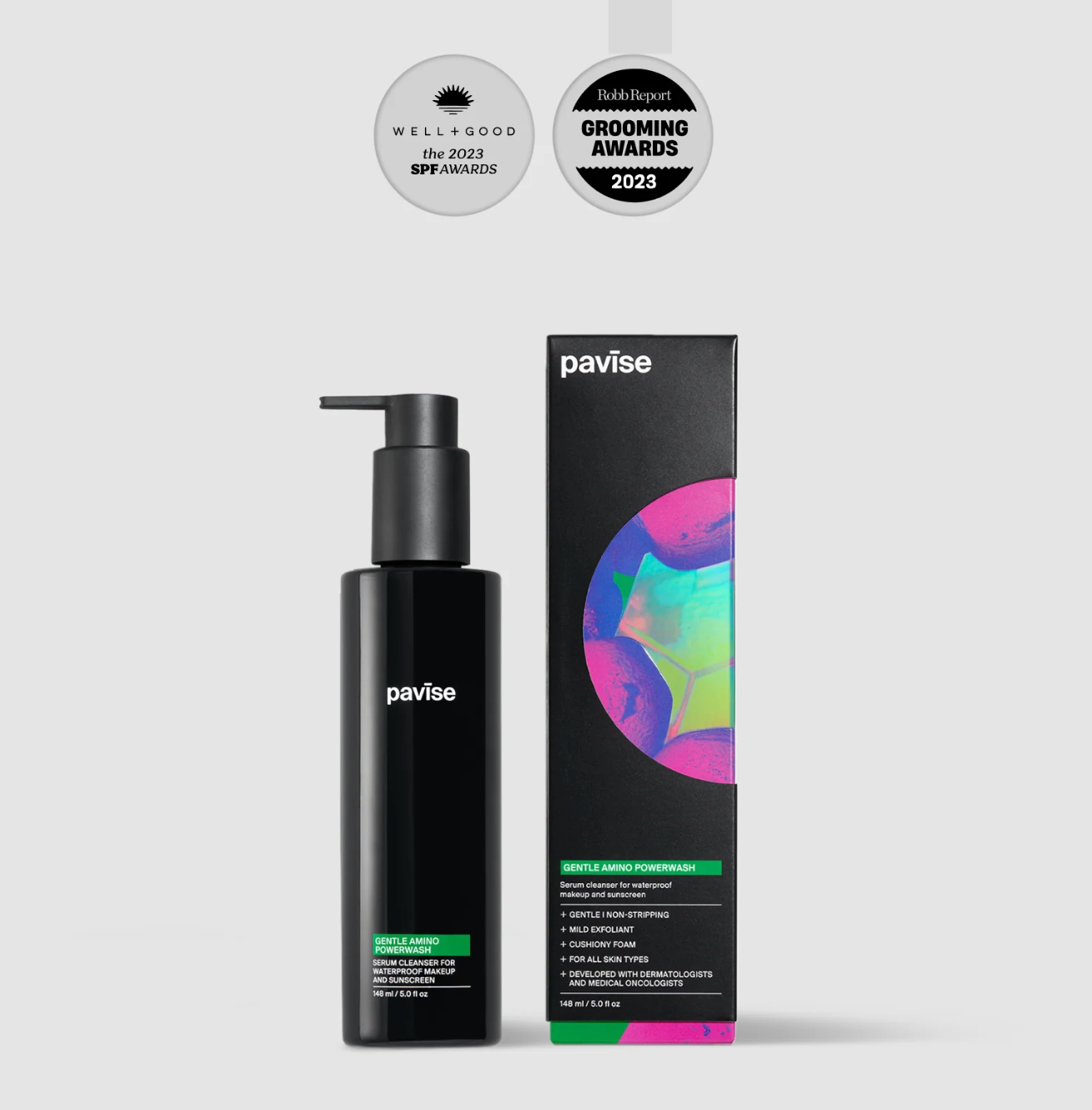 Pavise skincare bottle and packaging on a light gray background with awards displayed.